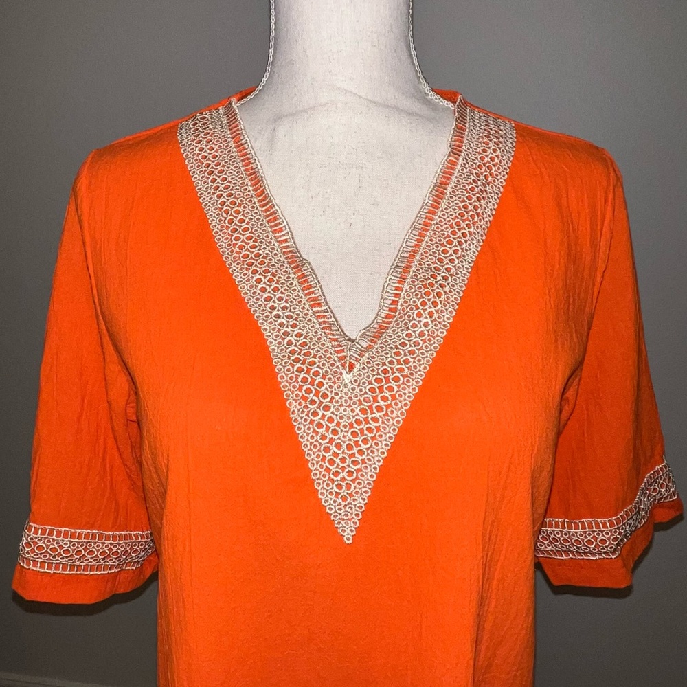 Final Sale! Orange Crinkle Cotton Dress with Lace Trim - Picture 4 of 8